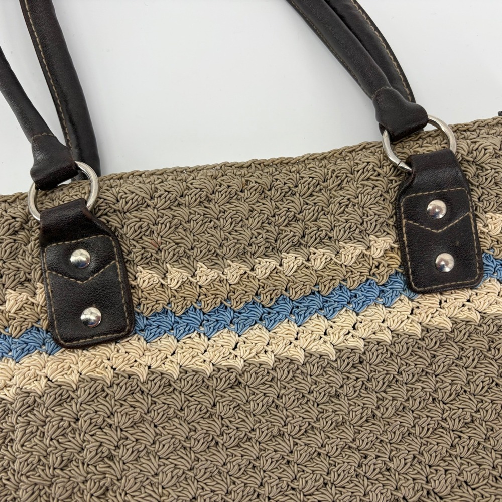 Crocheted Striped Tote Bag Brown Tan Blue Faux Leather Handles - Picture 5 of 8